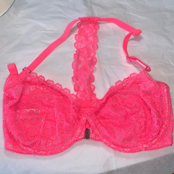EUC Victoria’s Secret neon pink lace front closure T back bra 32DD worn once - Picture 3 of 7